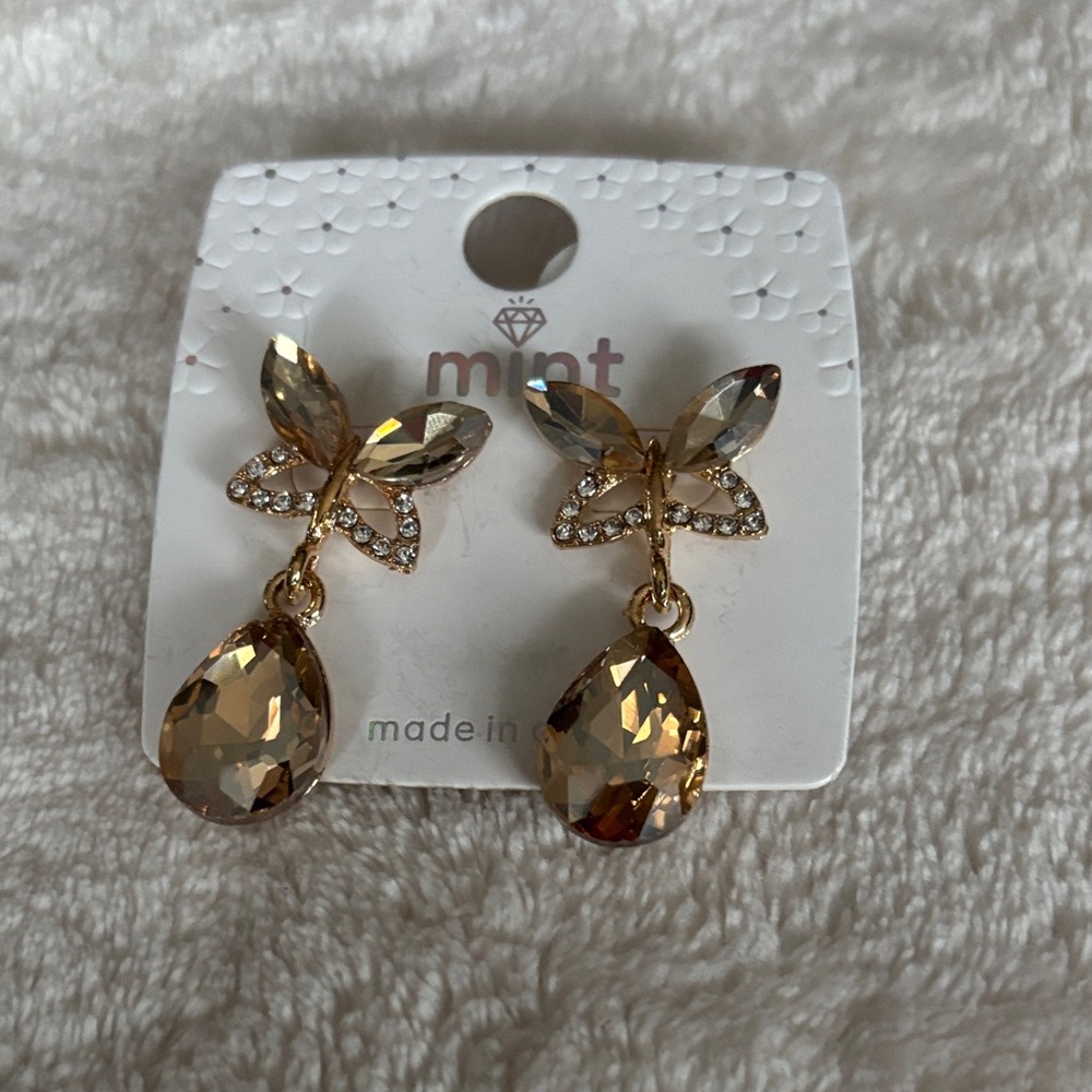 Mint Gold Teardrop Butterfly Crystal Earrings